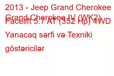 2013 - Jeep Grand Cherokee
Grand Cherokee IV (WK2) Facelift 5.7 AT (352 Hp) 4WD Yanacaq sərfi və Texniki göstəricilər