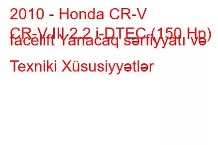 2010 - Honda CR-V
CR-V III 2.2 i-DTEC (150 Hp) facelift Yanacaq sərfiyyatı və Texniki Xüsusiyyətlər