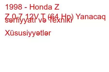 1998 - Honda Z
Z 0.7 12V T (64 Hp) Yanacaq sərfiyyatı və Texniki Xüsusiyyətlər