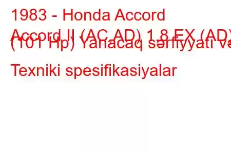 1983 - Honda Accord
Accord II (AC,AD) 1.8 EX (AD) (101 Hp) Yanacaq sərfiyyatı və Texniki spesifikasiyalar