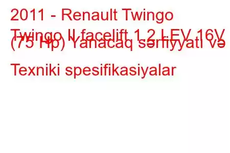 2011 - Renault Twingo
Twingo II facelift 1.2 LEV 16V (75 Hp) Yanacaq sərfiyyatı və Texniki spesifikasiyalar