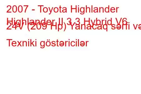 2007 - Toyota Highlander
Highlander II 3.3 Hybrid V6 24V (209 Hp) Yanacaq sərfi və Texniki göstəricilər