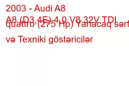 2003 - Audi A8
A8 (D3,4E) 4.0 V8 32V TDI quattro (275 Hp) Yanacaq sərfi və Texniki göstəricilər