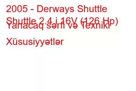 2005 - Derways Shuttle
Shuttle 2.4 i 16V (126 Hp) Yanacaq sərfi və Texniki Xüsusiyyətlər