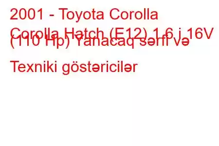 2001 - Toyota Corolla
Corolla Hatch (E12) 1.6 i 16V (110 Hp) Yanacaq sərfi və Texniki göstəricilər