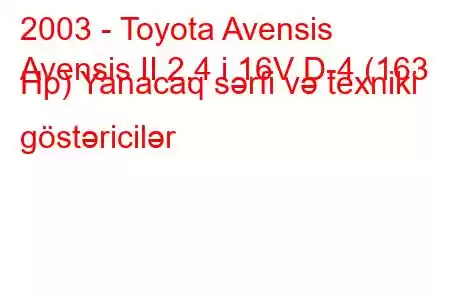 2003 - Toyota Avensis
Avensis II 2.4 i 16V D-4 (163 Hp) Yanacaq sərfi və texniki göstəricilər