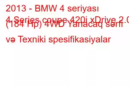 2013 - BMW 4 seriyası
4 Series coupe 420i xDrive 2.0 (184 Hp) 4WD Yanacaq sərfi və Texniki spesifikasiyalar