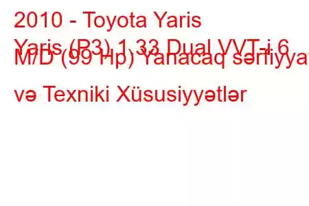 2010 - Toyota Yaris
Yaris (P3) 1.33 Dual VVT-i 6 M/D (99 Hp) Yanacaq sərfiyyatı və Texniki Xüsusiyyətlər