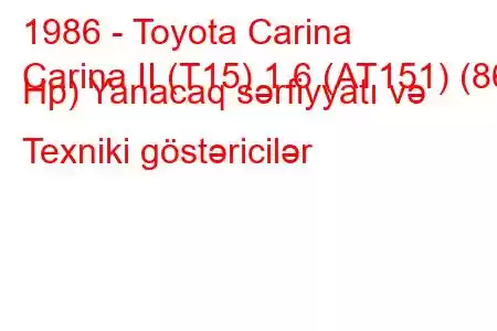 1986 - Toyota Carina
Carina II (T15) 1.6 (AT151) (86 Hp) Yanacaq sərfiyyatı və Texniki göstəricilər