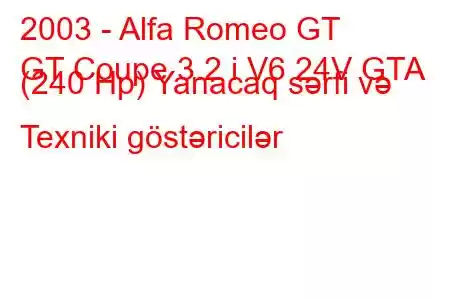 2003 - Alfa Romeo GT
GT Coupe 3.2 i V6 24V GTA (240 Hp) Yanacaq sərfi və Texniki göstəricilər