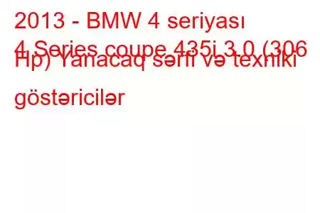 2013 - BMW 4 seriyası
4 Series coupe 435i 3.0 (306 Hp) Yanacaq sərfi və texniki göstəricilər