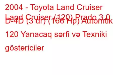 2004 - Toyota Land Cruiser
Land Cruiser (120) Prado 3.0 D-4D (3 dr) (166 Hp) Automtik 120 Yanacaq sərfi və Texniki göstəricilər