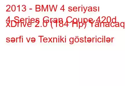 2013 - BMW 4 seriyası
4 Series Gran Coupe 420d xDrive 2.0 (184 Hp) Yanacaq sərfi və Texniki göstəricilər