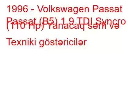 1996 - Volkswagen Passat
Passat (B5) 1.9 TDI Syncro (110 Hp) Yanacaq sərfi və Texniki göstəricilər