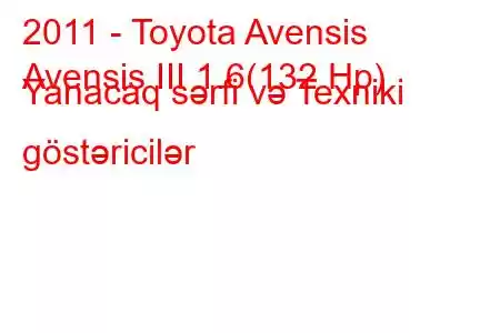 2011 - Toyota Avensis
Avensis III 1.6(132 Hp) Yanacaq sərfi və Texniki göstəricilər