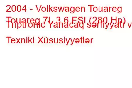 2004 - Volkswagen Touareg
Touareg 7L 3.6 FSI (280 Hp) Triptronic Yanacaq sərfiyyatı və Texniki Xüsusiyyətlər