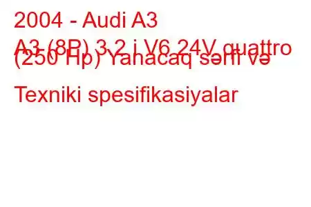 2004 - Audi A3
A3 (8P) 3.2 i V6 24V quattro (250 Hp) Yanacaq sərfi və Texniki spesifikasiyalar