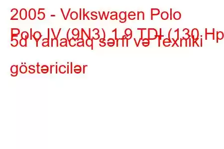 2005 - Volkswagen Polo
Polo IV (9N3) 1.9 TDI (130 Hp) 5d Yanacaq sərfi və Texniki göstəricilər