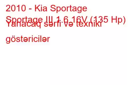 2010 - Kia Sportage
Sportage III 1.6 16V (135 Hp) Yanacaq sərfi və texniki göstəricilər