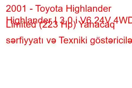 2001 - Toyota Highlander
Highlander I 3.0 i V6 24V 4WD Limited (223 Hp) Yanacaq sərfiyyatı və Texniki göstəricilər