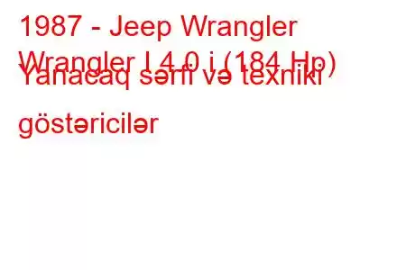 1987 - Jeep Wrangler
Wrangler I 4.0 i (184 Hp) Yanacaq sərfi və texniki göstəricilər