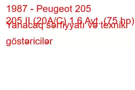 1987 - Peugeot 205
205 II (20A/C) 1.6 Avt. (75 hp) Yanacaq sərfiyyatı və texniki göstəricilər