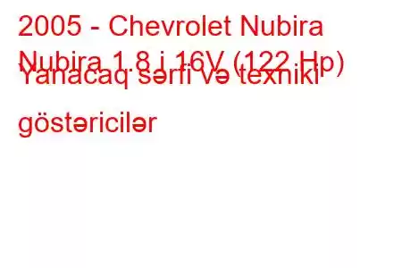 2005 - Chevrolet Nubira
Nubira 1.8 i 16V (122 Hp) Yanacaq sərfi və texniki göstəricilər