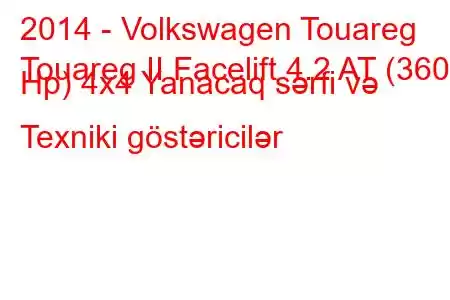 2014 - Volkswagen Touareg
Touareg II Facelift 4.2 AT (360 Hp) 4x4 Yanacaq sərfi və Texniki göstəricilər