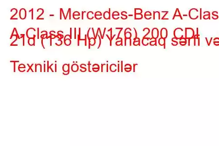 2012 - Mercedes-Benz A-Class
A-Class III (W176) 200 CDI 21d (136 Hp) Yanacaq sərfi və Texniki göstəricilər