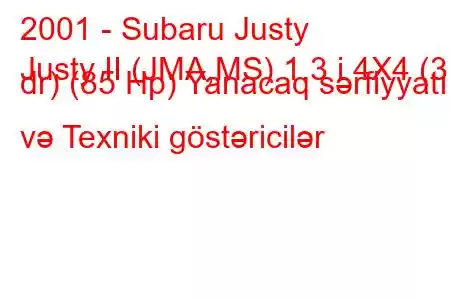 2001 - Subaru Justy
Justy II (JMA,MS) 1.3 i 4X4 (3 dr) (85 Hp) Yanacaq sərfiyyatı və Texniki göstəricilər