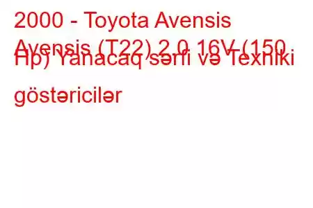 2000 - Toyota Avensis
Avensis (T22) 2.0 16V (150 Hp) Yanacaq sərfi və Texniki göstəricilər