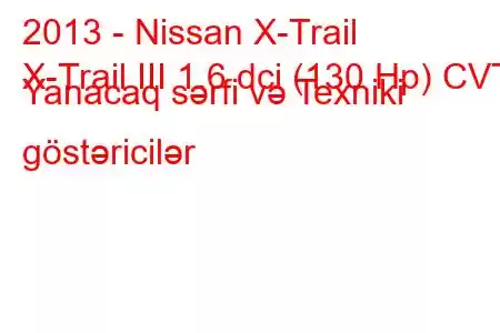 2013 - Nissan X-Trail
X-Trail III 1.6 dci (130 Hp) CVT Yanacaq sərfi və Texniki göstəricilər