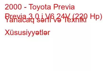 2000 - Toyota Previa
Previa 3.0 i V6 24V (220 Hp) Yanacaq sərfi və Texniki Xüsusiyyətlər