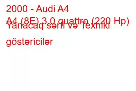 2000 - Audi A4
A4 (8E) 3.0 quattro (220 Hp) Yanacaq sərfi və Texniki göstəricilər