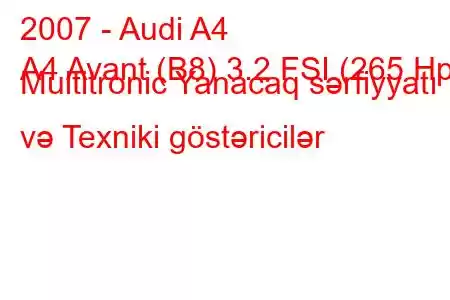 2007 - Audi A4
A4 Avant (B8) 3.2 FSI (265 Hp) Multitronic Yanacaq sərfiyyatı və Texniki göstəricilər