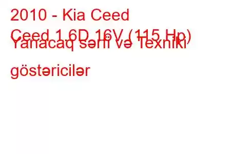 2010 - Kia Ceed
Ceed 1.6D 16V (115 Hp) Yanacaq sərfi və Texniki göstəricilər