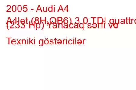 2005 - Audi A4
A4let (8H,QB6) 3.0 TDI quattro (233 Hp) Yanacaq sərfi və Texniki göstəricilər