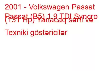 2001 - Volkswagen Passat
Passat (B5) 1.9 TDI Syncro (131 Hp) Yanacaq sərfi və Texniki göstəricilər