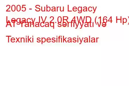 2005 - Subaru Legacy
Legacy IV 2.0R 4WD (164 Hp) AT Yanacaq sərfiyyatı və Texniki spesifikasiyalar