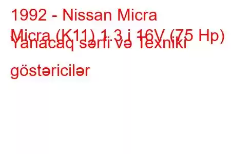 1992 - Nissan Micra
Micra (K11) 1.3 i 16V (75 Hp) Yanacaq sərfi və Texniki göstəricilər