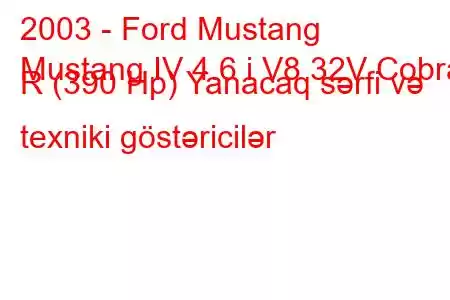 2003 - Ford Mustang
Mustang IV 4.6 i V8 32V Cobra R (390 Hp) Yanacaq sərfi və texniki göstəricilər