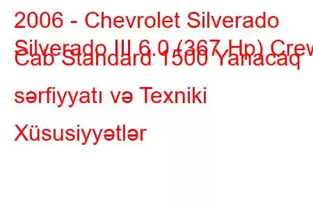 2006 - Chevrolet Silverado
Silverado III 6.0 (367 Hp) Crew Cab Standard 1500 Yanacaq sərfiyyatı və Texniki Xüsusiyyətlər