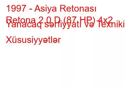 1997 - Asiya Retonası
Retona 2.0 D (87 HP) 4x2 Yanacaq sərfiyyatı və Texniki Xüsusiyyətlər