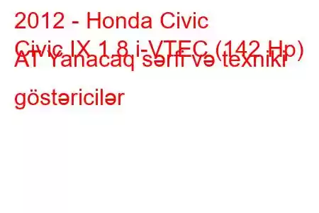 2012 - Honda Civic
Civic IX 1.8 i-VTEC (142 Hp) AT Yanacaq sərfi və texniki göstəricilər