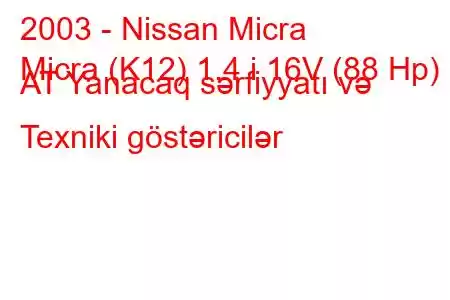 2003 - Nissan Micra
Micra (K12) 1.4 i 16V (88 Hp) AT Yanacaq sərfiyyatı və Texniki göstəricilər