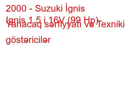 2000 - Suzuki İgnis
Ignis 1.5 i 16V (99 Hp) Yanacaq sərfiyyatı və Texniki göstəricilər