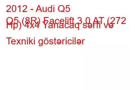 2012 - Audi Q5
Q5 (8R) Facelift 3.0 AT (272 Hp) 4x4 Yanacaq sərfi və Texniki göstəricilər