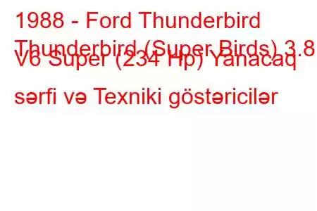 1988 - Ford Thunderbird
Thunderbird (Super Birds) 3.8 i V6 Super (234 Hp) Yanacaq sərfi və Texniki göstəricilər