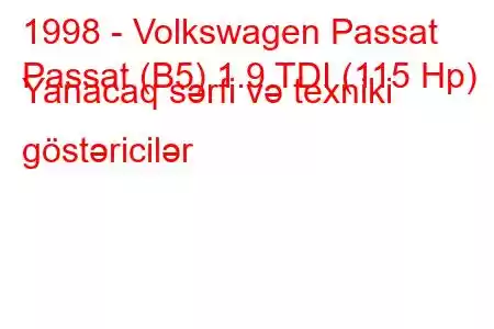 1998 - Volkswagen Passat
Passat (B5) 1.9 TDI (115 Hp) Yanacaq sərfi və texniki göstəricilər