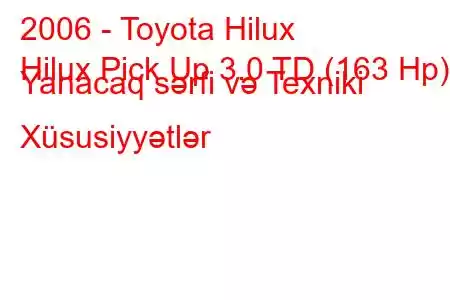 2006 - Toyota Hilux
Hilux Pick Up 3.0 TD (163 Hp) Yanacaq sərfi və Texniki Xüsusiyyətlər